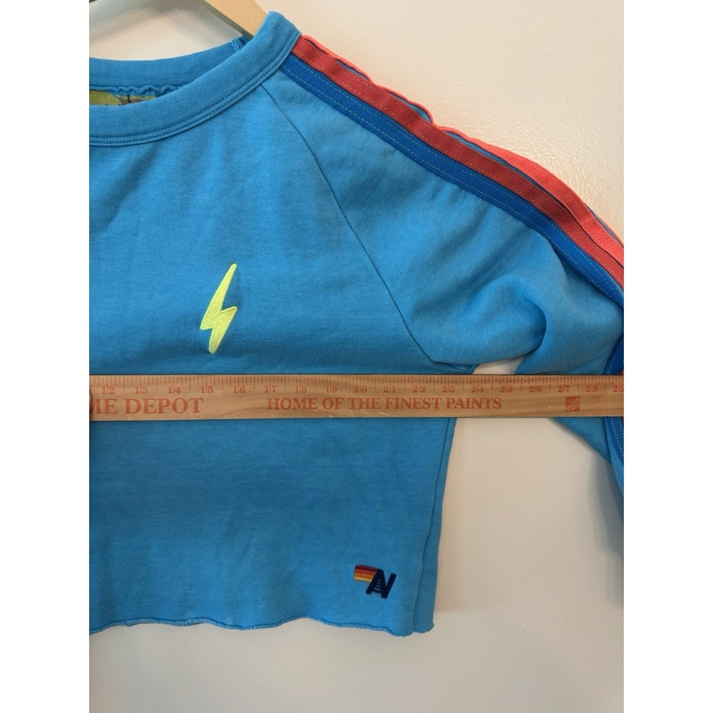 AVIATOR NATION Bolt Crew Neck Cropped Sweatshirt Blue Neon Stripe Women's Large - Picture 7 of 9